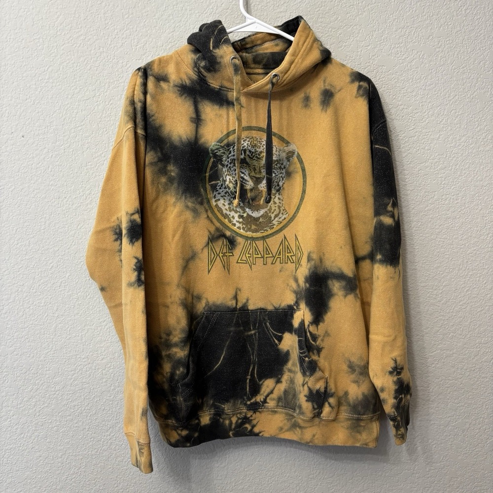 Def Leppard Men's Washed Pullover Sweatshirt Tye Dye Hoodie Print Size Large L